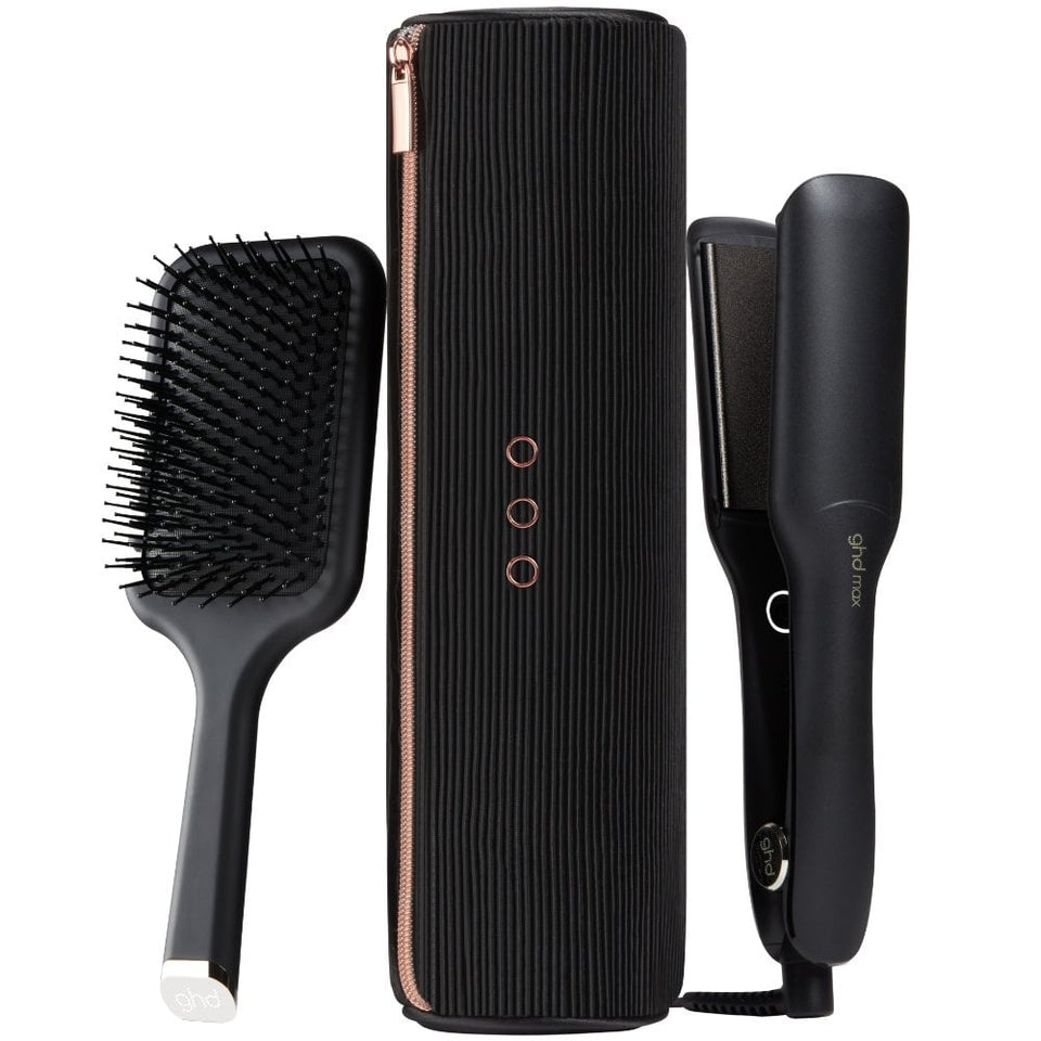 ghd max wide plate styler gift set with heat resistant bag and brush We Do Hair Beauty